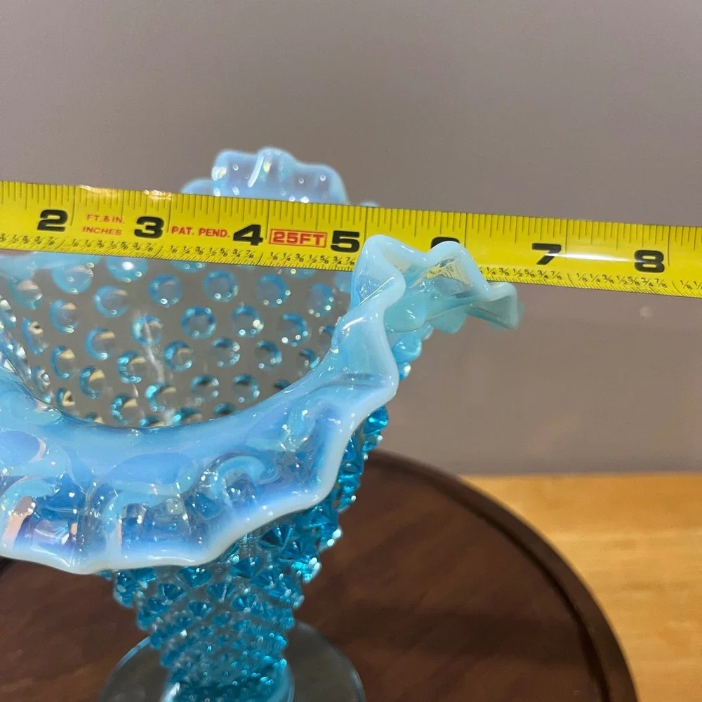 Vtg‎ Fenton Turquoise Blue Opalescent Hobnail Ruffled Trumpet Vase MCM 7.75